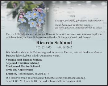 Traueranzeige von Ricardo Schlund von Ostthüringer Zeitung, Thüringische Landeszeitung