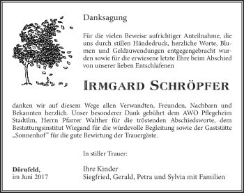 Traueranzeige von Irmgard Schröpfer von Thüringer Allgemeine