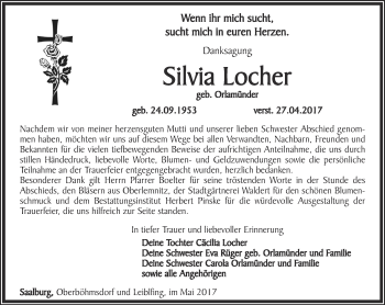 Traueranzeige von Silvia Locher von Ostthüringer Zeitung
