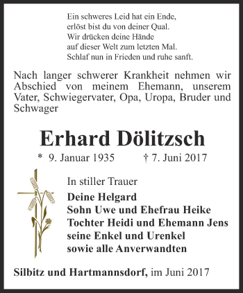 Traueranzeige von Erhard Dölitzsch von Ostthüringer Zeitung