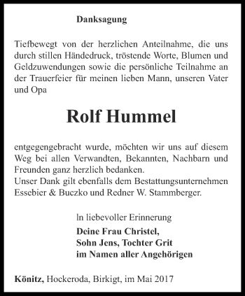 Traueranzeige von Rolf Hummel von Ostthüringer Zeitung