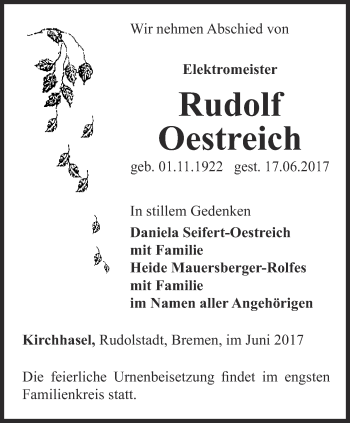 Traueranzeige von Rudolg Oestreich von Ostthüringer Zeitung