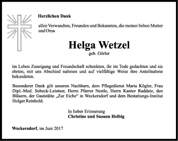 Traueranzeige von Helga Wetzel von Ostthüringer Zeitung