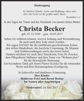 Traueranzeige von Christa Becker von Ostthüringer Zeitung