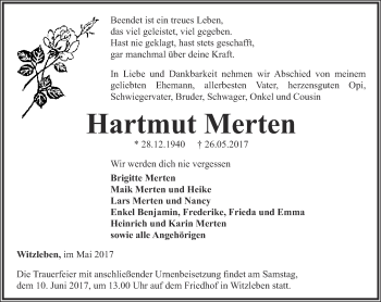 Traueranzeige von Hartmut Merten von Thüringer Allgemeine