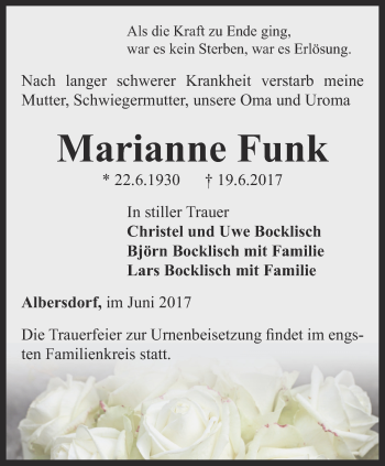 Traueranzeige von Marianne Funk von Ostthüringer Zeitung