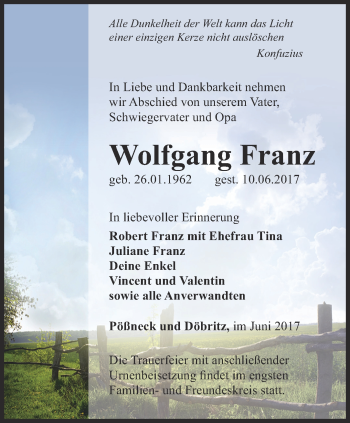 Traueranzeige von Wolfgang Franz