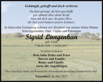 Traueranzeige von Sigrid Langenhan von Ostthüringer Zeitung, Thüringische Landeszeitung