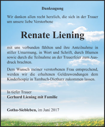 Traueranzeige von Renate Liening von Ostthüringer Zeitung, Thüringische Landeszeitung