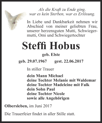 Traueranzeige von Steffi Hobus von Thüringer Allgemeine