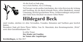 Traueranzeige von Hildegard Beck von Thüringer Allgemeine, Thüringische Landeszeitung