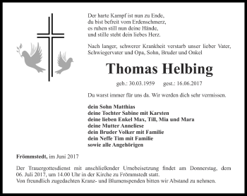 Traueranzeige von Thomas Helbing von Thüringer Allgemeine