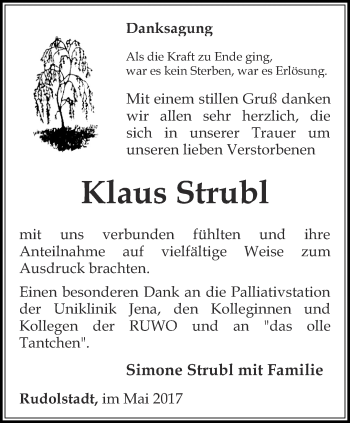 Traueranzeige von Klaus Strubl von Ostthüringer Zeitung