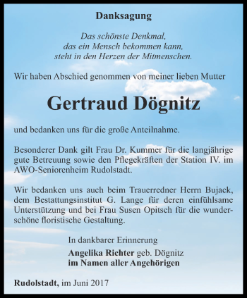 Traueranzeige von Gertraud Dögnitz von Ostthüringer Zeitung