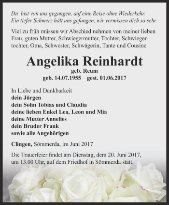 Traueranzeige von Angelika Reinhardt von Thüringer Allgemeine