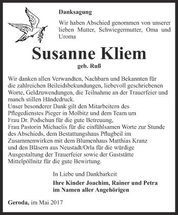 Traueranzeige von Susanne Kliem von Ostthüringer Zeitung