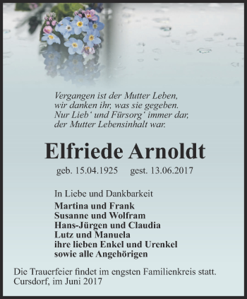 Traueranzeige von Elfriede Arnoldt von Ostthüringer Zeitung