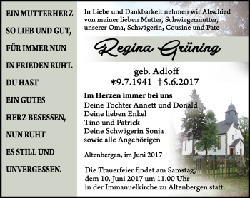 Traueranzeige von Regina Grüning von Ostthüringer Zeitung, Thüringische Landeszeitung