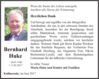 Traueranzeige von Bernhard Huke von Thüringer Allgemeine