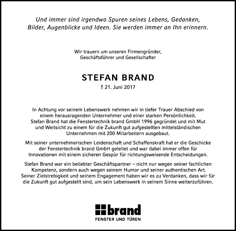  Traueranzeige für Stefan Brand vom 26.06.2017 aus Ostthüringer Zeitung, Thüringische Landeszeitung