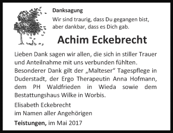 Traueranzeige von Achim Eckebrecht von Thüringer Allgemeine