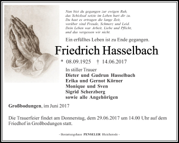 Traueranzeige von Friedrich Hasselbach von Thüringer Allgemeine