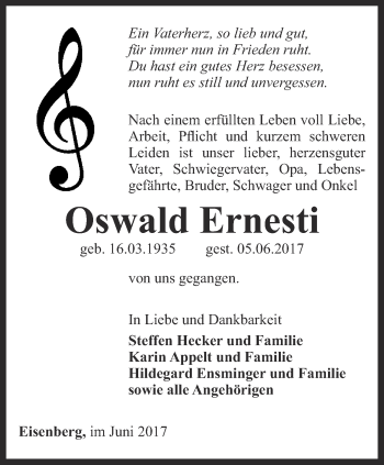 Traueranzeige von Oswald Ernesti von Ostthüringer Zeitung