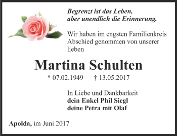 Traueranzeige von Martina Schulten von Thüringer Allgemeine, Thüringische Landeszeitung