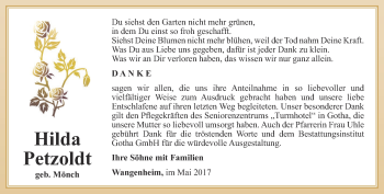 Traueranzeige von Hilda Petzoldt von Ostthüringer Zeitung, Thüringische Landeszeitung