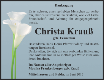 Traueranzeige von Christa Krauß von Thüringer Allgemeine, Thüringische Landeszeitung