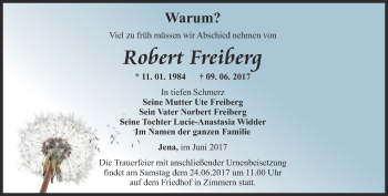 Traueranzeige von Robert Freiberg von Ostthüringer Zeitung