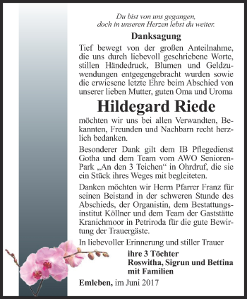 Traueranzeige von Hildegard Riede von Ostthüringer Zeitung, Thüringische Landeszeitung