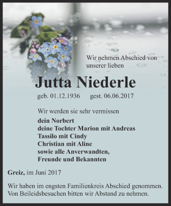 Traueranzeige von Jutta Niederle