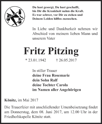 Traueranzeige von Fritz Pitzing von Ostthüringer Zeitung