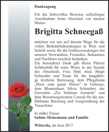 Traueranzeige von Brigitta Schneegaß von Thüringer Allgemeine, Thüringische Landeszeitung