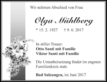 Traueranzeige von Olga Mühlberg von Thüringer Allgemeine, Thüringische Landeszeitung