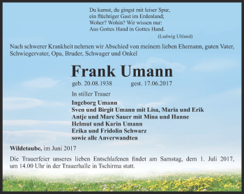 Traueranzeige von Frank Umann von Ostthüringer Zeitung