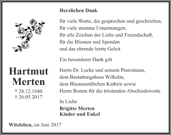 Traueranzeige von Hartmut Merten von Thüringer Allgemeine