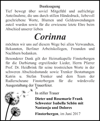 Traueranzeige von Corinna Frank von Ostthüringer Zeitung, Thüringische Landeszeitung