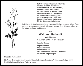 Traueranzeige von Waltraud Gerhardt von Ostthüringer Zeitung