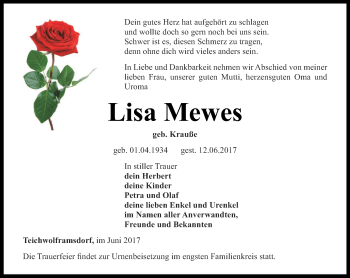 Traueranzeige von Lisa Mewes