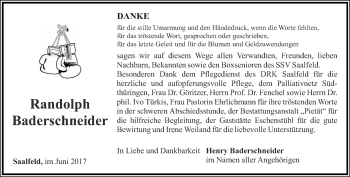Traueranzeige von Randolph Baderschneider von Ostthüringer Zeitung