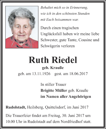 Traueranzeige von Ruth Riedel