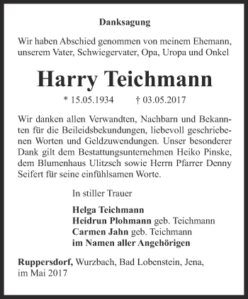 Traueranzeige von Harry Teichmann von Ostthüringer Zeitung