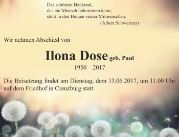 Traueranzeige von Ilona Dose von Thüringer Allgemeine, Thüringische Landeszeitung