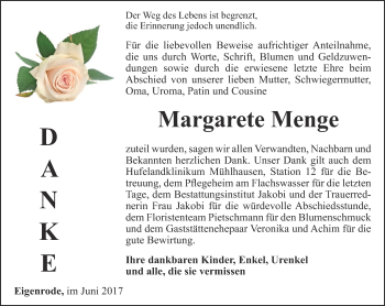 Traueranzeige von Margarete Menge von Thüringer Allgemeine, Thüringische Landeszeitung