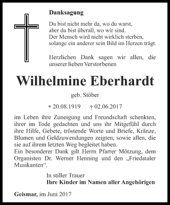 Traueranzeige von Wilhelmine Eberhardt von Thüringer Allgemeine