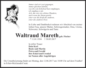 Traueranzeige von Waltraud Mareth von Ostthüringer Zeitung, Thüringische Landeszeitung