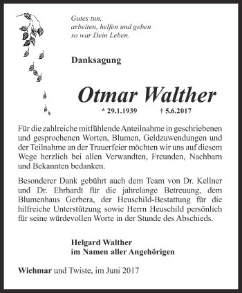 Traueranzeige von Otmar Walther von Ostthüringer Zeitung, Thüringische Landeszeitung