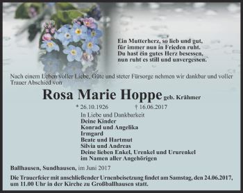 Traueranzeige von Rosa Marie Hoppe von Thüringer Allgemeine, Thüringische Landeszeitung